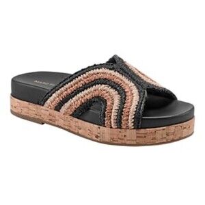Marc Fisher Erim Slide Sandals‎ Womens Size 8 1/2M Black Tan Woven Flatform NEW